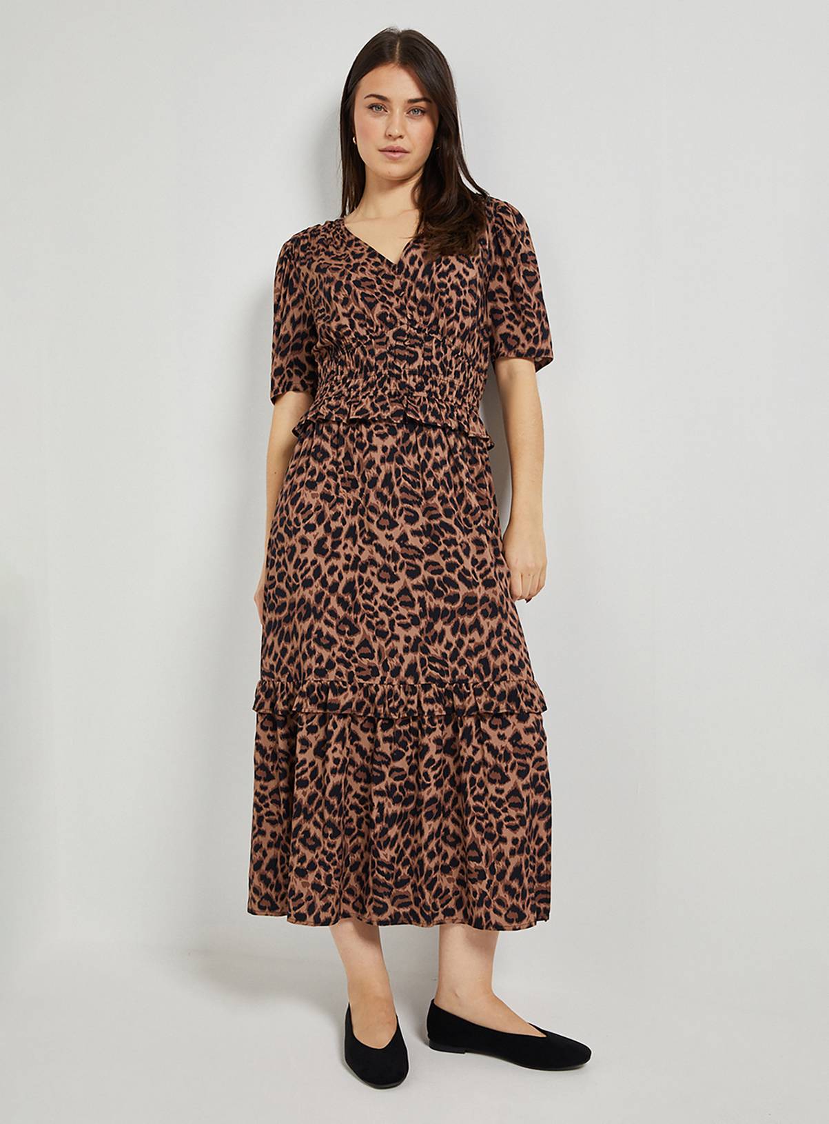 DOROTHY PERKINS Leopard Empire Shirred Bodice Button Detail Midaxi Dress 10 - Image 1